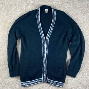 Alpaca Lael Women's Black Knit Cardigan Sweater Geometric Trim Size M